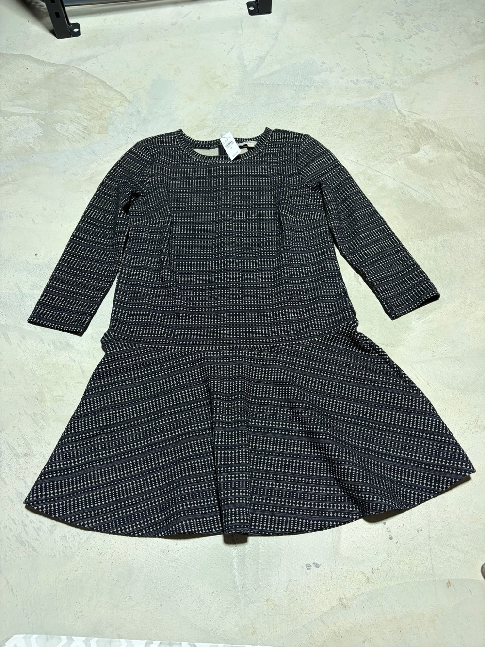 Loft NWT Black Patterned Long-Sleeve Fit & Flare Dress medium MSRP$90
